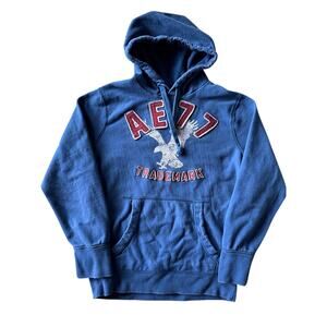 Y2K American Eagle Blue Medium Patched Logo Raw Edged Hoodie